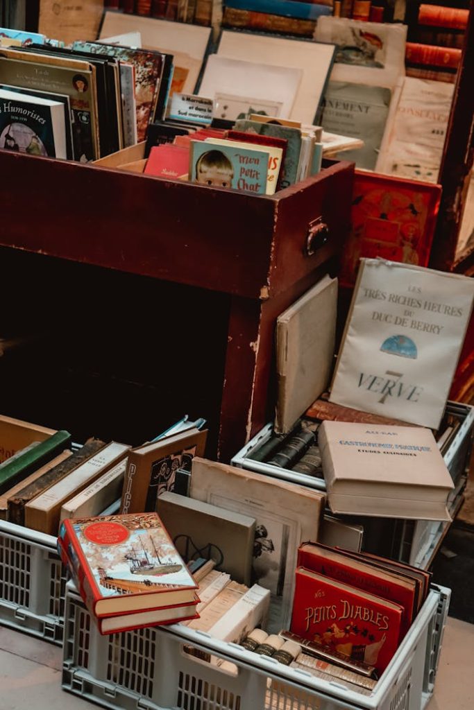 A collection of vintage books on display in a cozy bookstore corner with books stacked in crates.